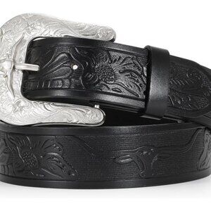 Women Men Western Belts Cowboy Cowgirl Country Belt Longhorn Bull Buckle Floral